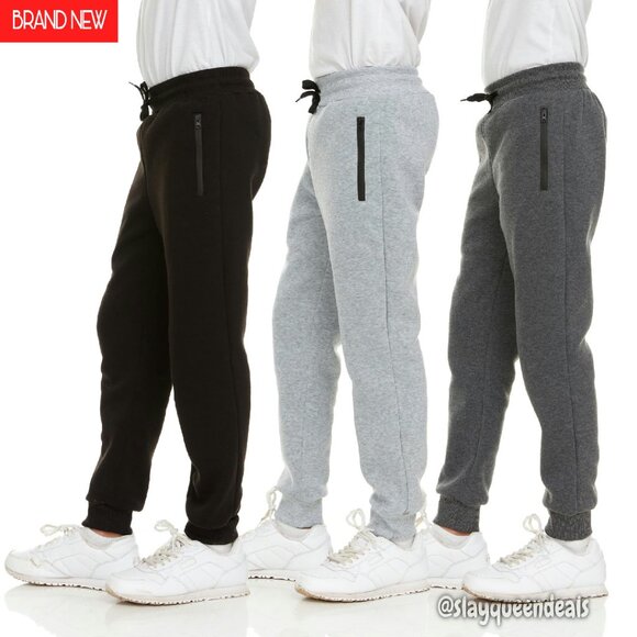 Boys Fleece Joggers 3-Pack with Zipper Pocket Drawstring Athletic